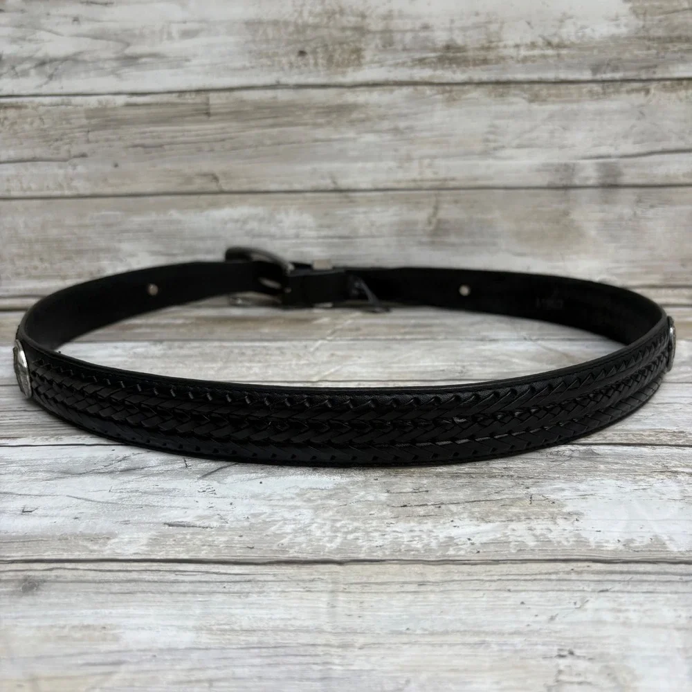 Onyx by Brighton Belt 36 Black VTG 1998 Western Golf Leather Concho Braided